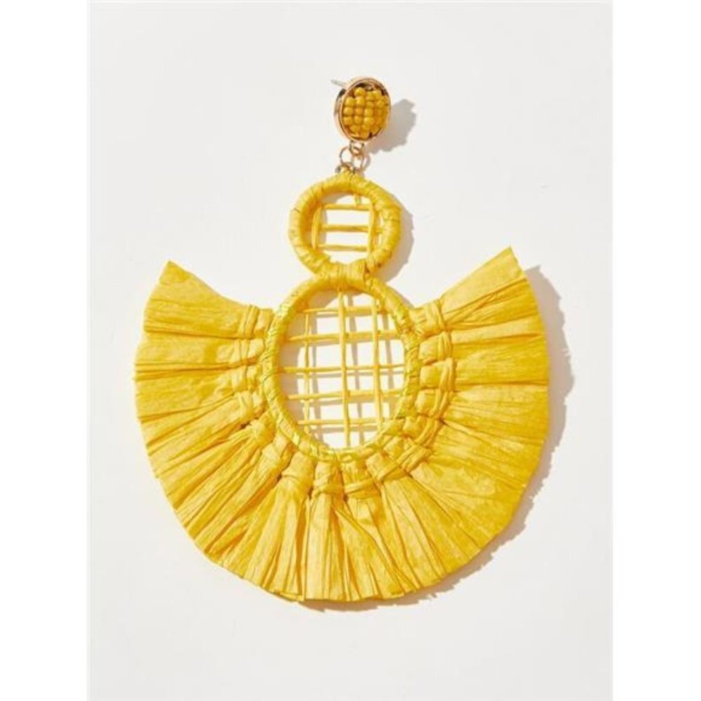 Women’s Statement Raffia Tassel Earrings Boho Dangle Drop Yellow - Picture 3 of 6